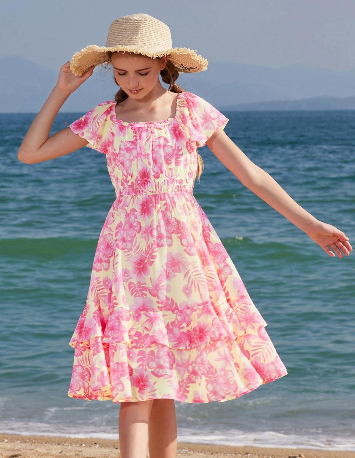 imageGRACE KARIN Girls Floral Summer Dress Flutter Sleeve Square Neck Midi Casual Dress for Girl 614YHot Pink