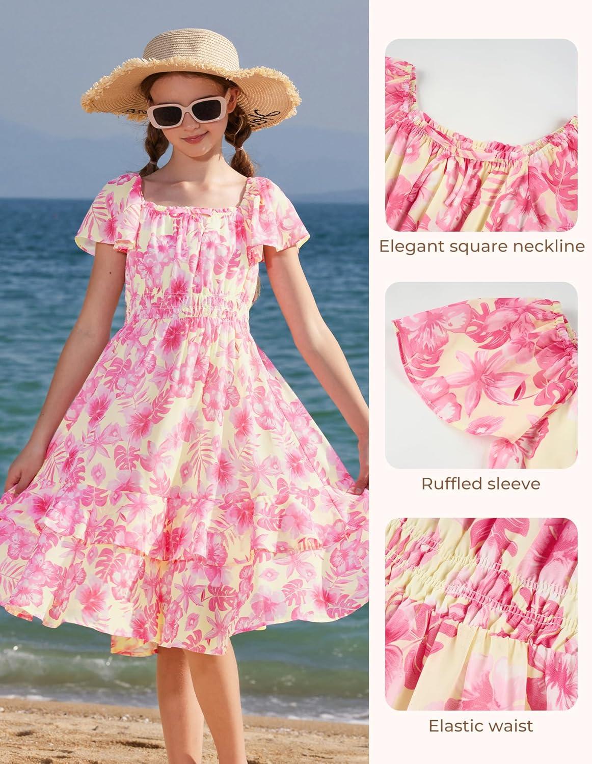 imageGRACE KARIN Girls Floral Summer Dress Flutter Sleeve Square Neck Midi Casual Dress for Girl 614YHot Pink
