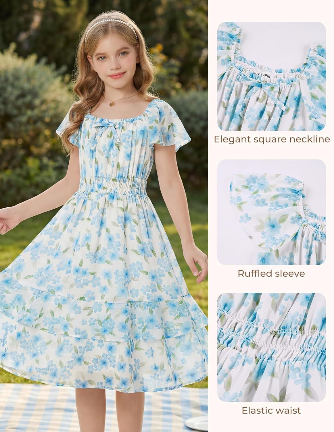 imageGRACE KARIN Girls Floral Summer Dress Flutter Sleeve Square Neck Midi Casual Dress for Girl 614YLight Blue