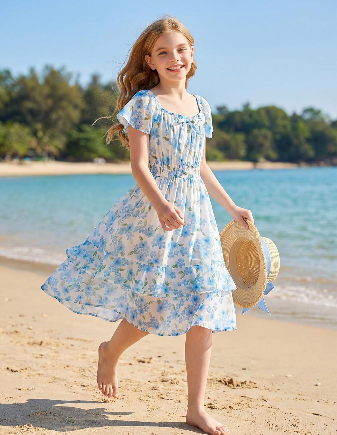imageGRACE KARIN Girls Floral Summer Dress Flutter Sleeve Square Neck Midi Casual Dress for Girl 614YLight Blue