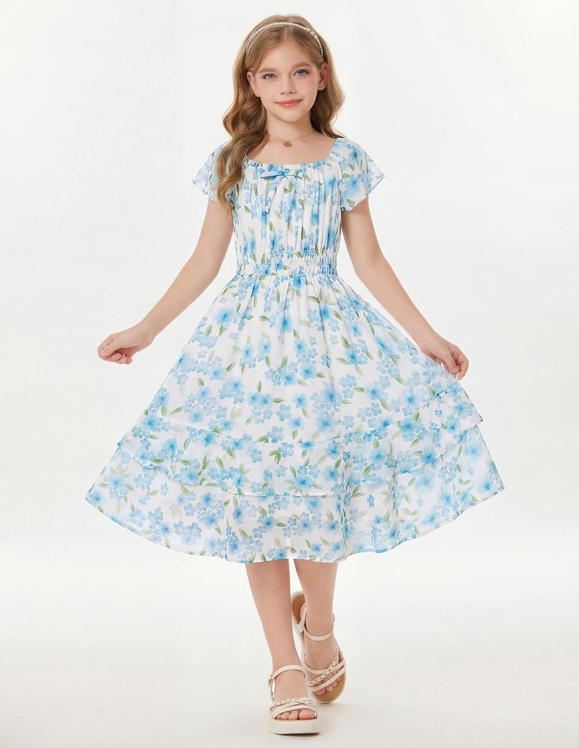 imageGRACE KARIN Girls Floral Summer Dress Flutter Sleeve Square Neck Midi Casual Dress for Girl 614YLight Blue