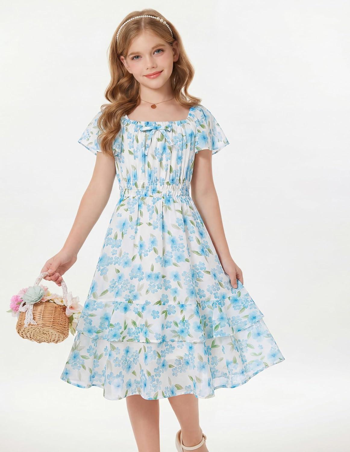 imageGRACE KARIN Girls Floral Summer Dress Flutter Sleeve Square Neck Midi Casual Dress for Girl 614YLight Blue