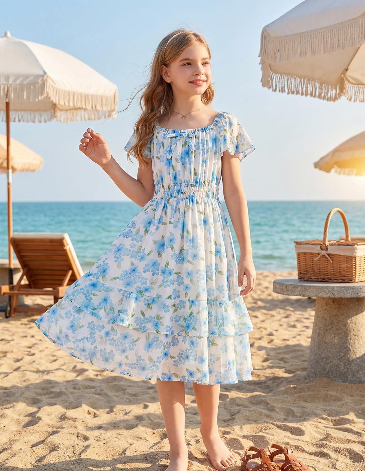 imageGRACE KARIN Girls Floral Summer Dress Flutter Sleeve Square Neck Midi Casual Dress for Girl 614YLight Blue
