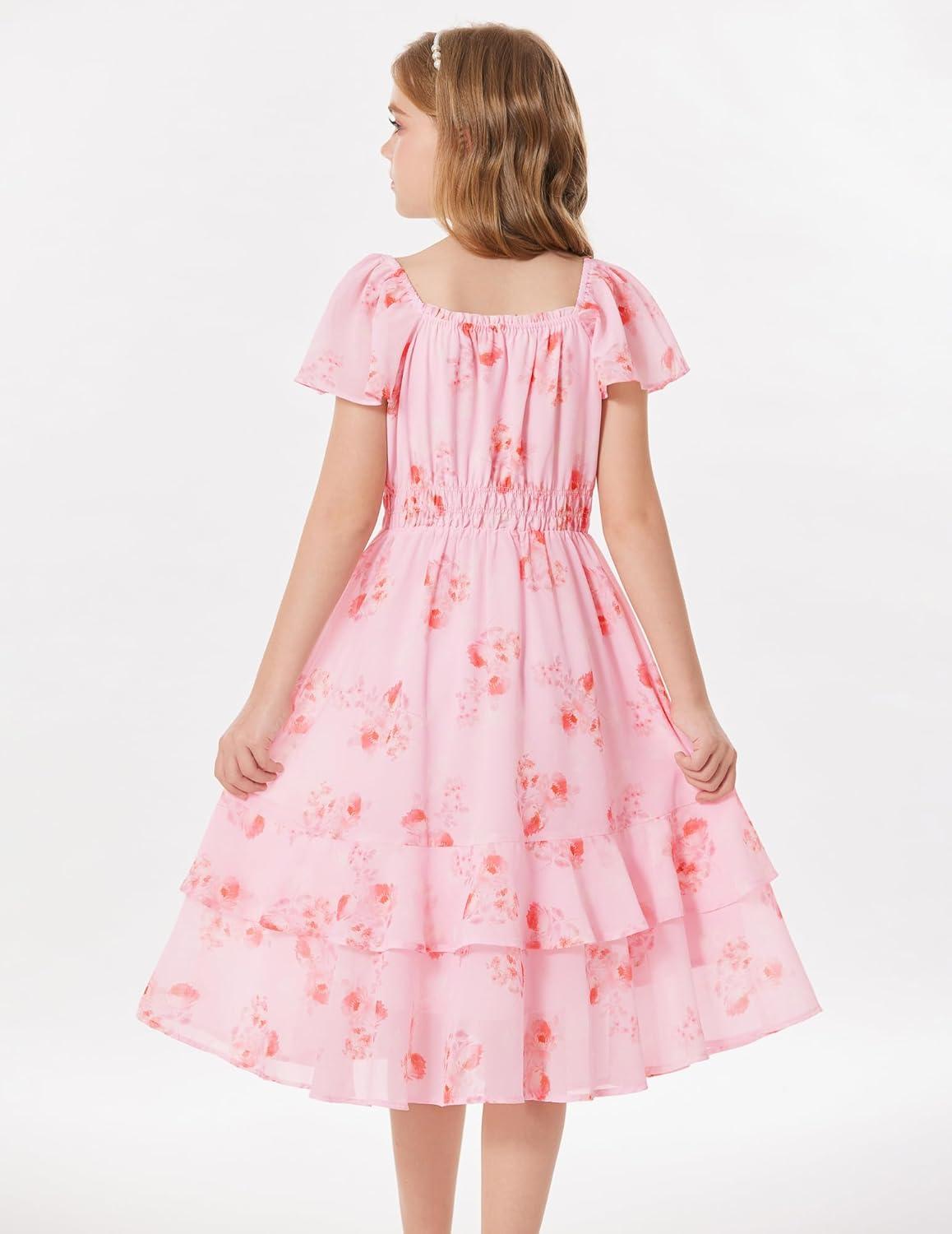 imageGRACE KARIN Girls Floral Summer Dress Flutter Sleeve Square Neck Midi Casual Dress for Girl 614YPink