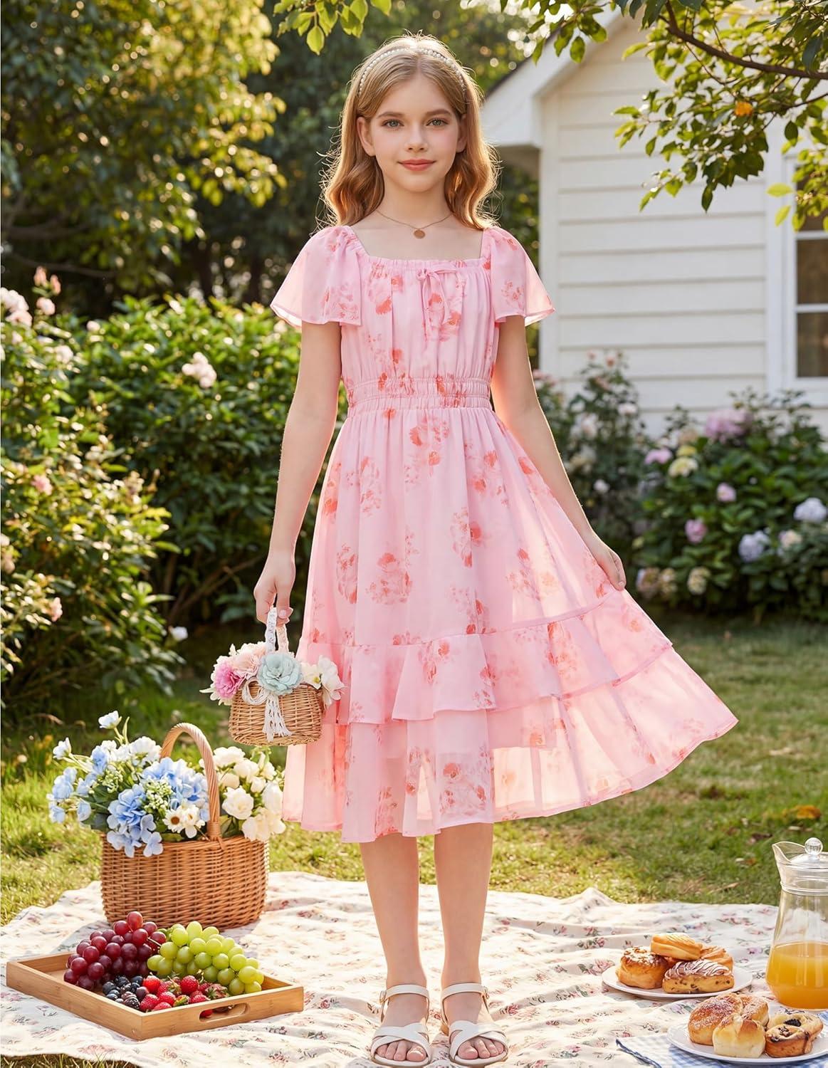 imageGRACE KARIN Girls Floral Summer Dress Flutter Sleeve Square Neck Midi Casual Dress for Girl 614YPink