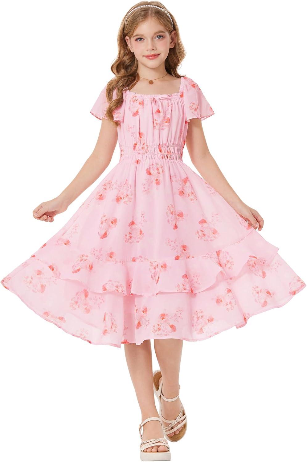 imageGRACE KARIN Girls Floral Summer Dress Flutter Sleeve Square Neck Midi Casual Dress for Girl 614YPink