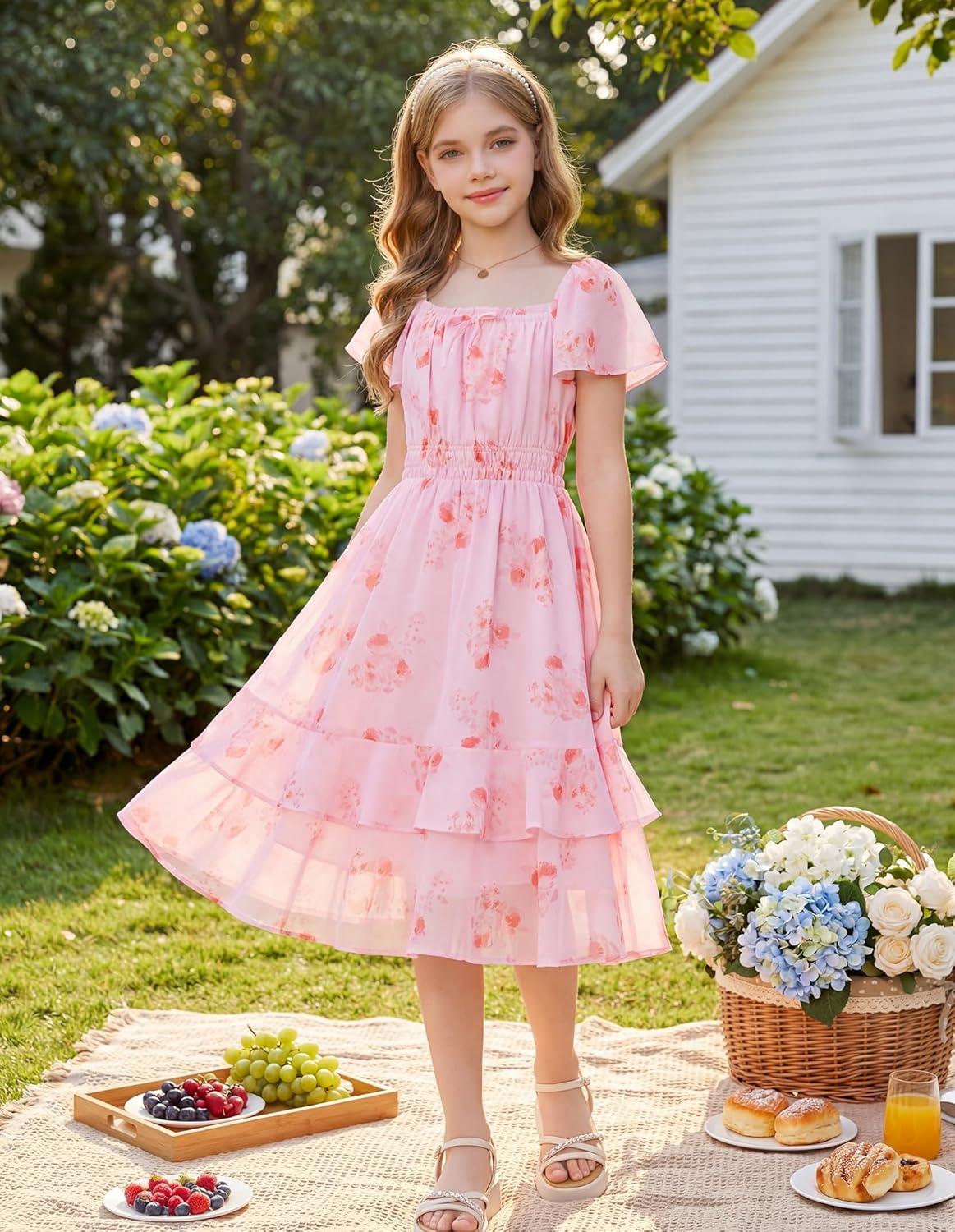 imageGRACE KARIN Girls Floral Summer Dress Flutter Sleeve Square Neck Midi Casual Dress for Girl 614YPink
