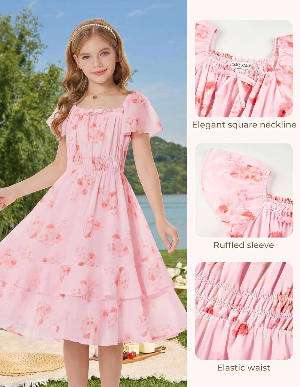imageGRACE KARIN Girls Floral Summer Dress Flutter Sleeve Square Neck Midi Casual Dress for Girl 614YPink