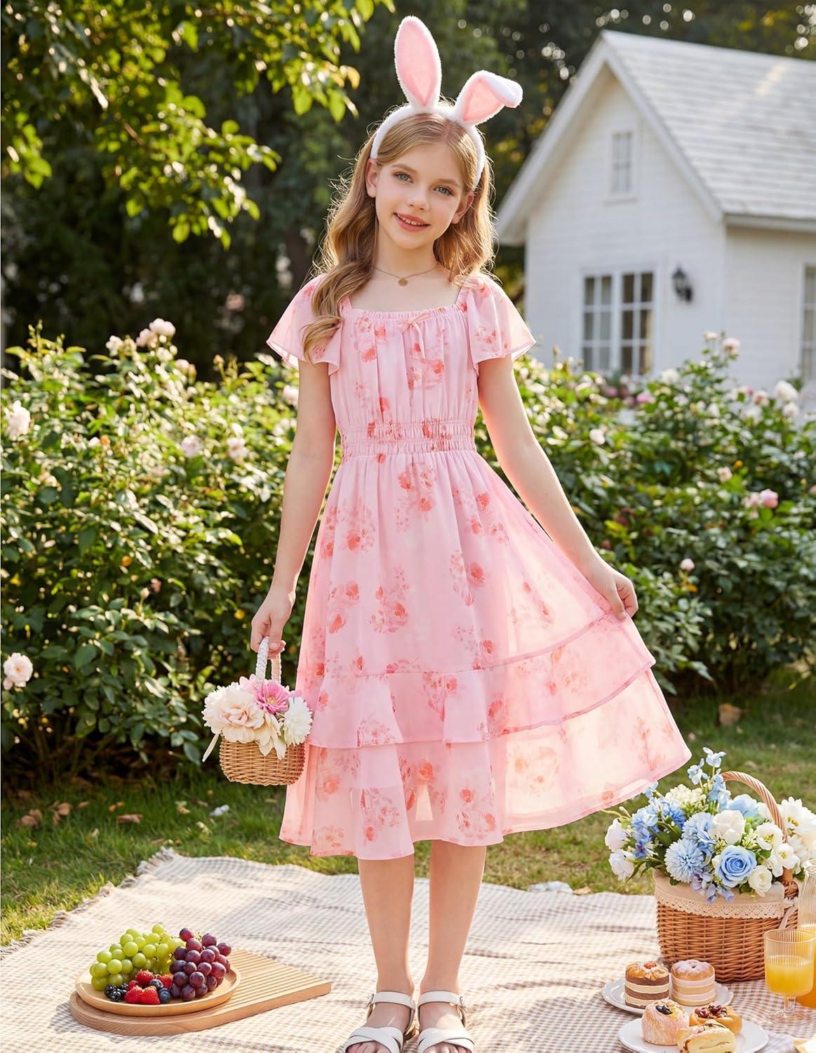 imageGRACE KARIN Girls Floral Summer Dress Flutter Sleeve Square Neck Midi Casual Dress for Girl 614YPink