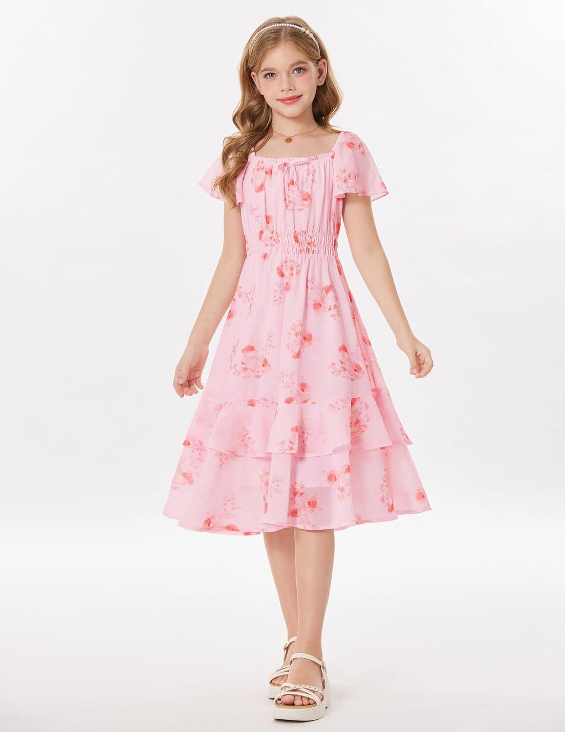 imageGRACE KARIN Girls Floral Summer Dress Flutter Sleeve Square Neck Midi Casual Dress for Girl 614YPink