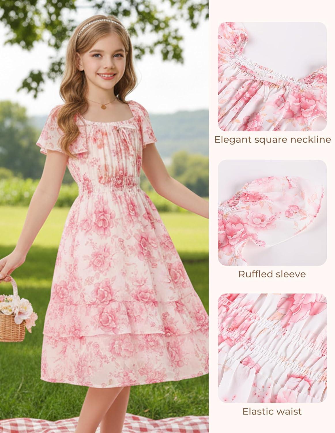 imageGRACE KARIN Girls Floral Summer Dress Flutter Sleeve Square Neck Midi Casual Dress for Girl 614YPink White