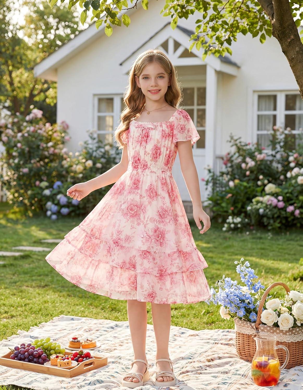 imageGRACE KARIN Girls Floral Summer Dress Flutter Sleeve Square Neck Midi Casual Dress for Girl 614YPink White