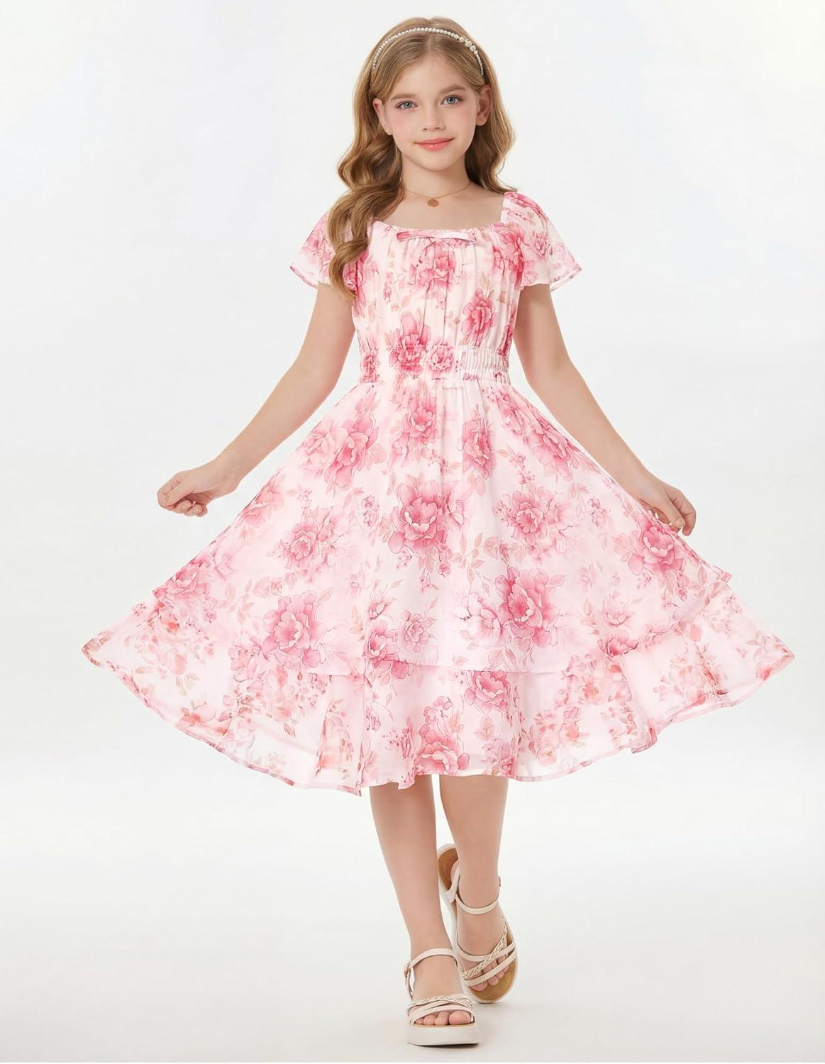 imageGRACE KARIN Girls Floral Summer Dress Flutter Sleeve Square Neck Midi Casual Dress for Girl 614YPink White