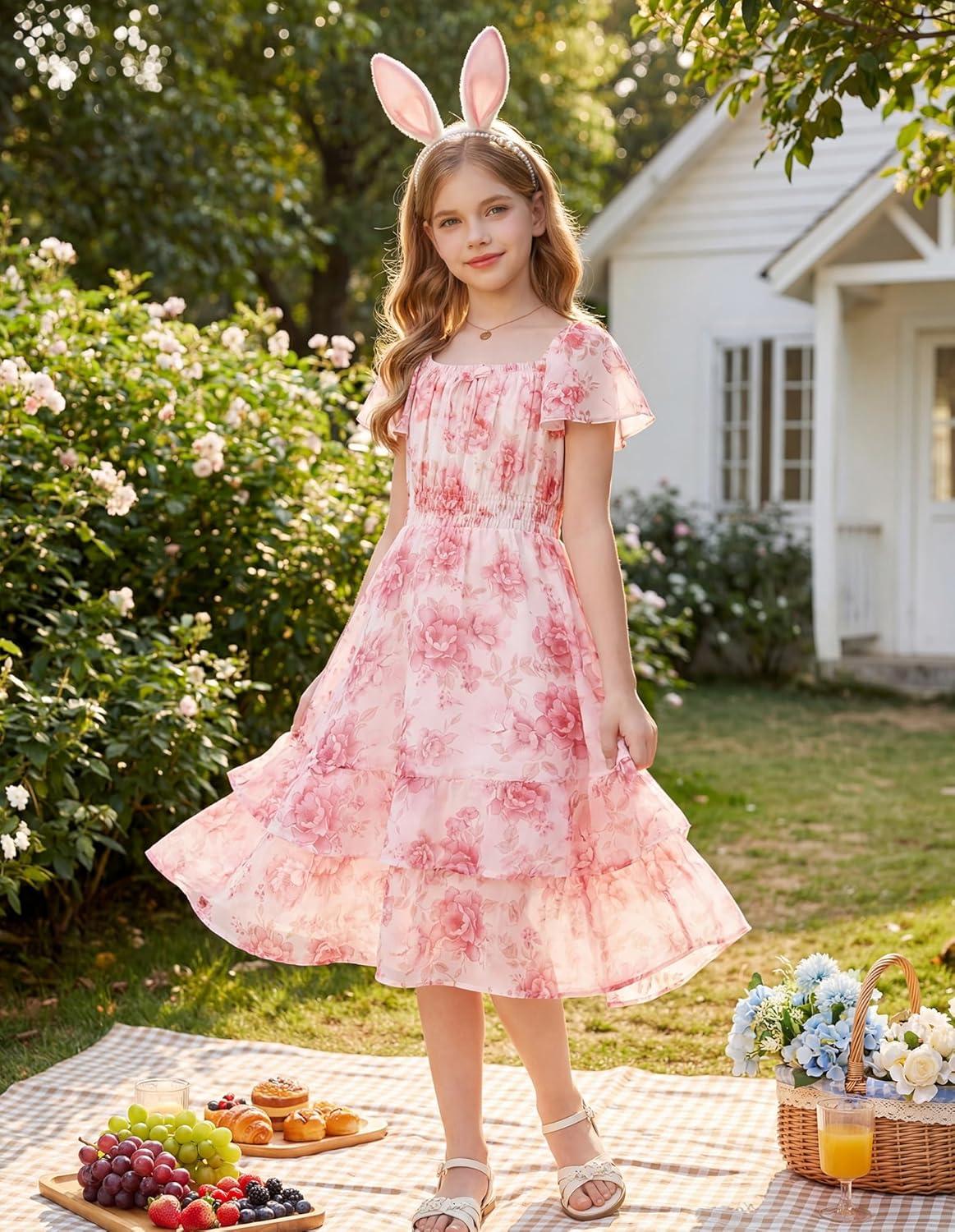 imageGRACE KARIN Girls Floral Summer Dress Flutter Sleeve Square Neck Midi Casual Dress for Girl 614YPink White