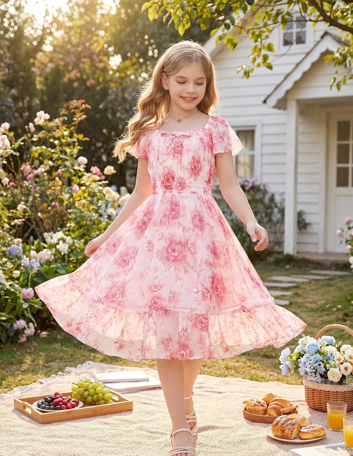 imageGRACE KARIN Girls Floral Summer Dress Flutter Sleeve Square Neck Midi Casual Dress for Girl 614YPink White