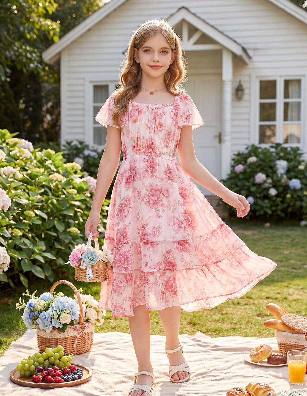 imageGRACE KARIN Girls Floral Summer Dress Flutter Sleeve Square Neck Midi Casual Dress for Girl 614YPink White
