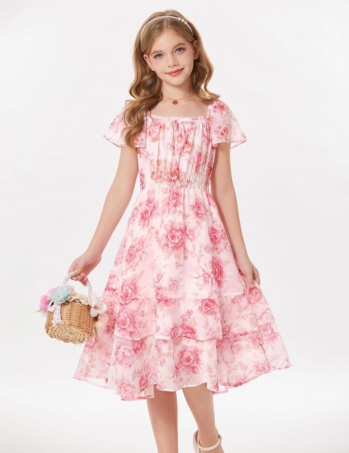 imageGRACE KARIN Girls Floral Summer Dress Flutter Sleeve Square Neck Midi Casual Dress for Girl 614YPink White