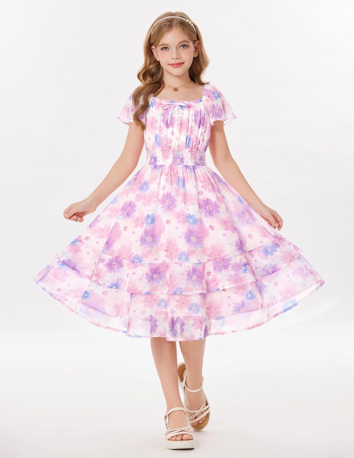 imageGRACE KARIN Girls Floral Summer Dress Flutter Sleeve Square Neck Midi Casual Dress for Girl 614YPurple