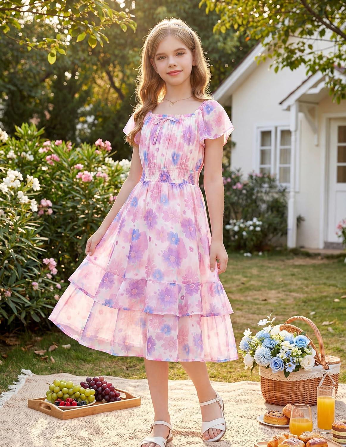 imageGRACE KARIN Girls Floral Summer Dress Flutter Sleeve Square Neck Midi Casual Dress for Girl 614YPurple