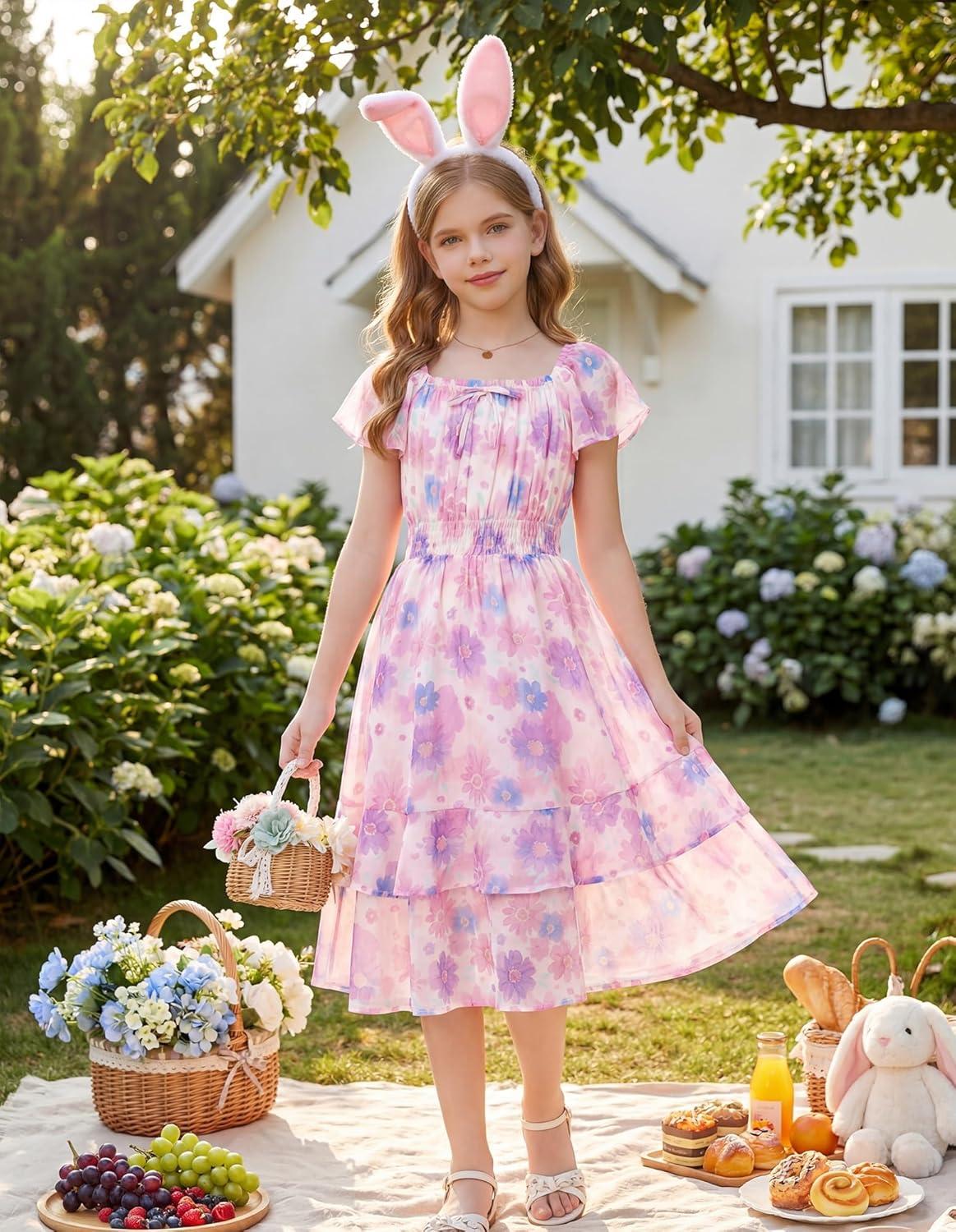 imageGRACE KARIN Girls Floral Summer Dress Flutter Sleeve Square Neck Midi Casual Dress for Girl 614YPurple
