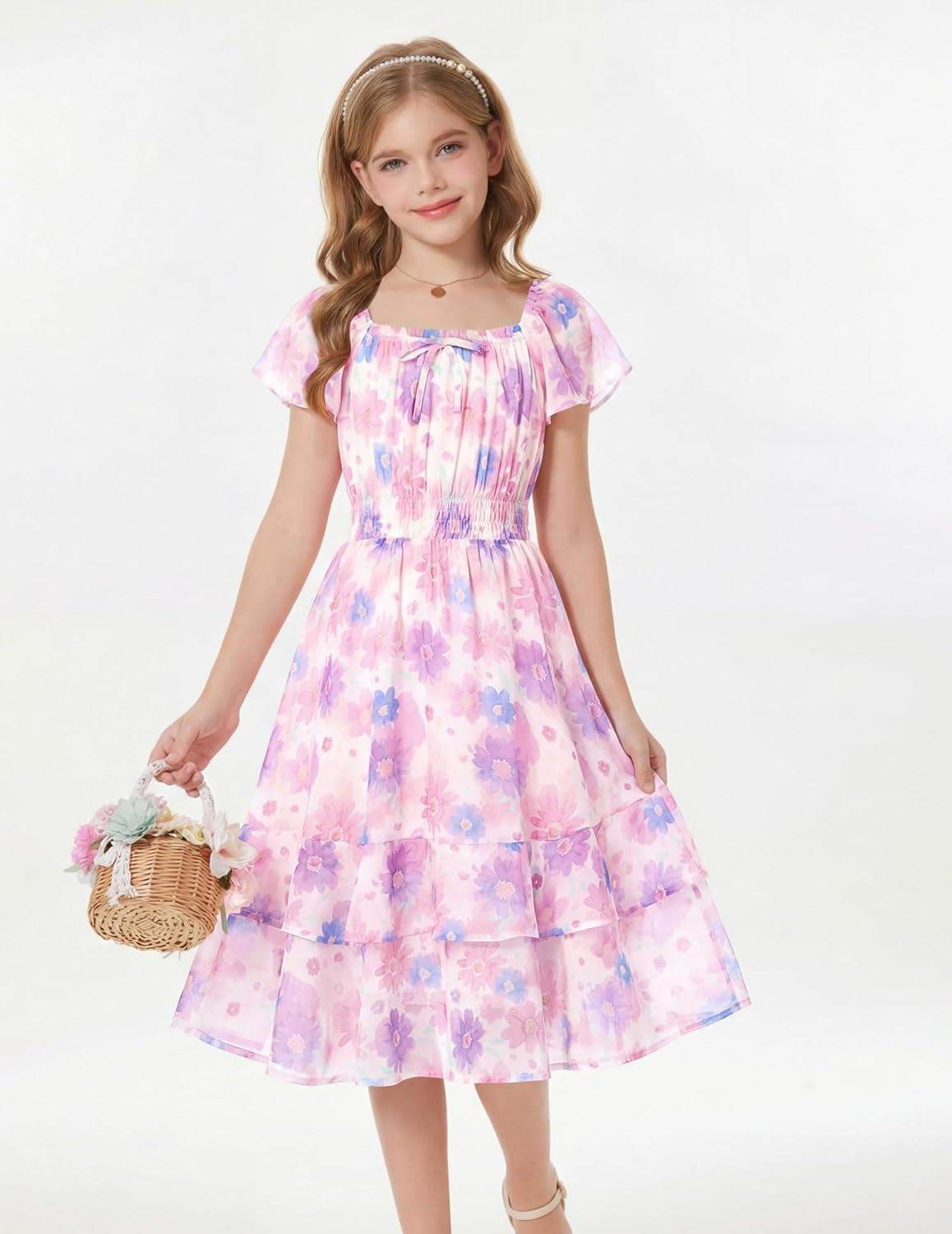imageGRACE KARIN Girls Floral Summer Dress Flutter Sleeve Square Neck Midi Casual Dress for Girl 614YPurple