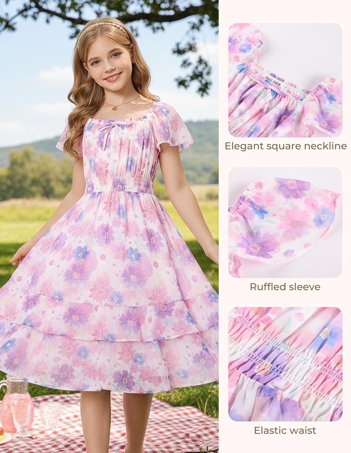 imageGRACE KARIN Girls Floral Summer Dress Flutter Sleeve Square Neck Midi Casual Dress for Girl 614YPurple