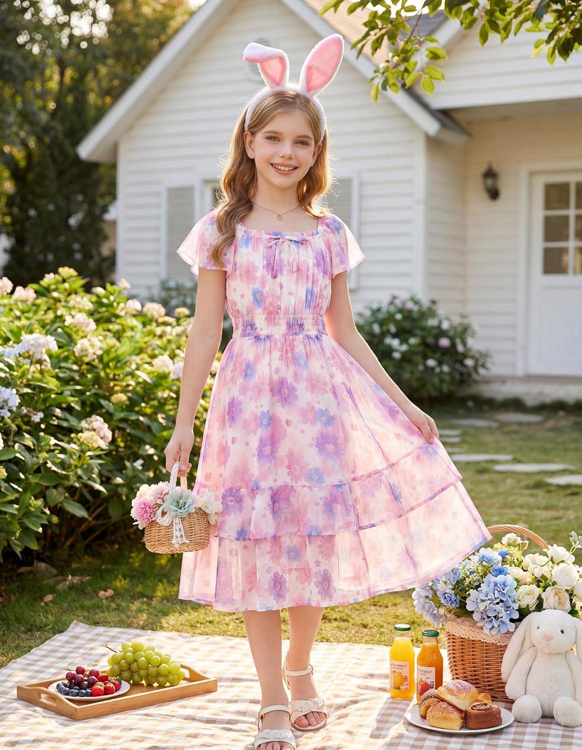 imageGRACE KARIN Girls Floral Summer Dress Flutter Sleeve Square Neck Midi Casual Dress for Girl 614YPurple