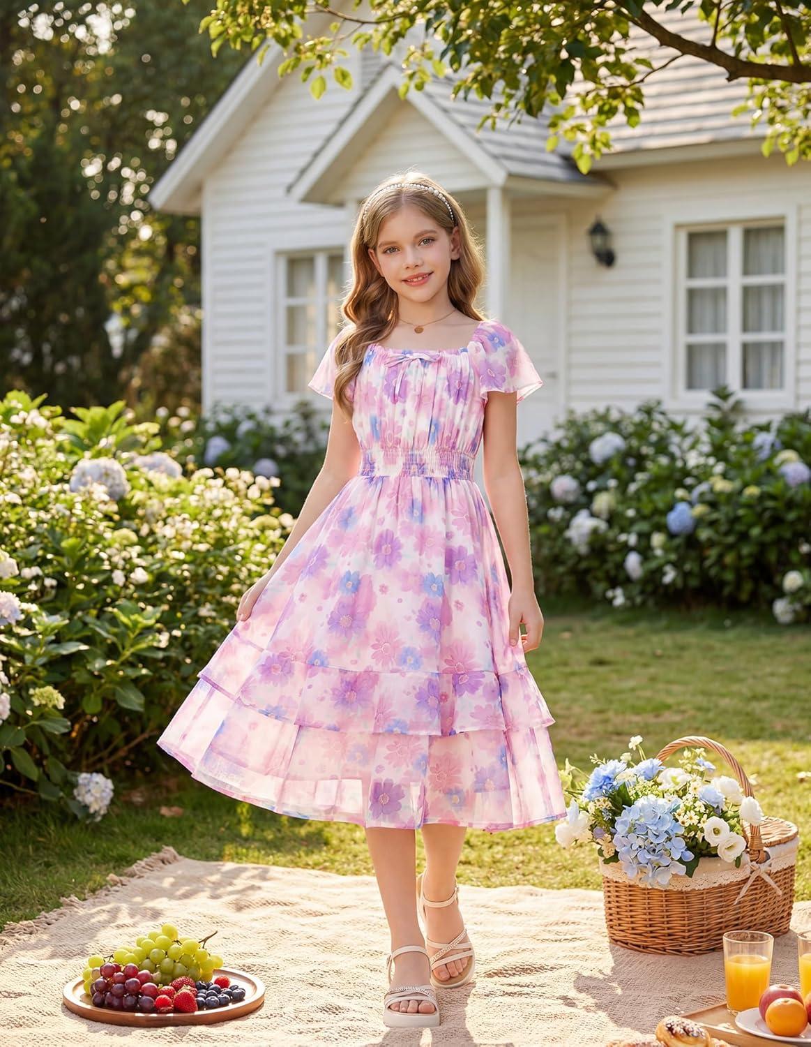 imageGRACE KARIN Girls Floral Summer Dress Flutter Sleeve Square Neck Midi Casual Dress for Girl 614YPurple