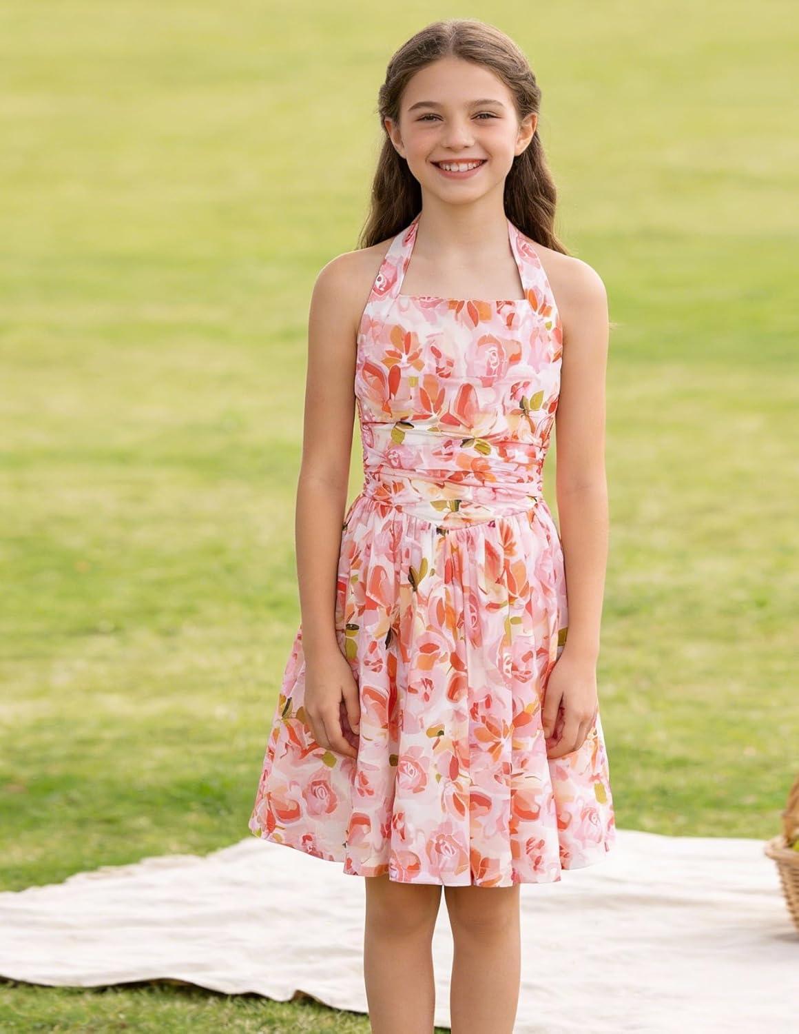 imageGRACE KARIN Girls Floral Summer Dress Spring Holiday Beach Party Sundress Halter Neck Tie Backless Dresses 714 YearsOrange Floral