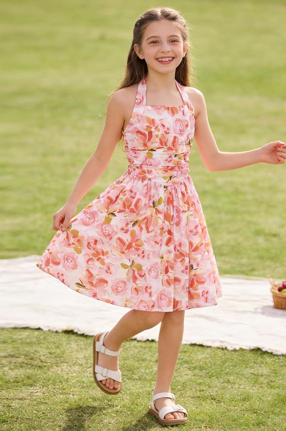 imageGRACE KARIN Girls Floral Summer Dress Spring Holiday Beach Party Sundress Halter Neck Tie Backless Dresses 714 YearsOrange Floral