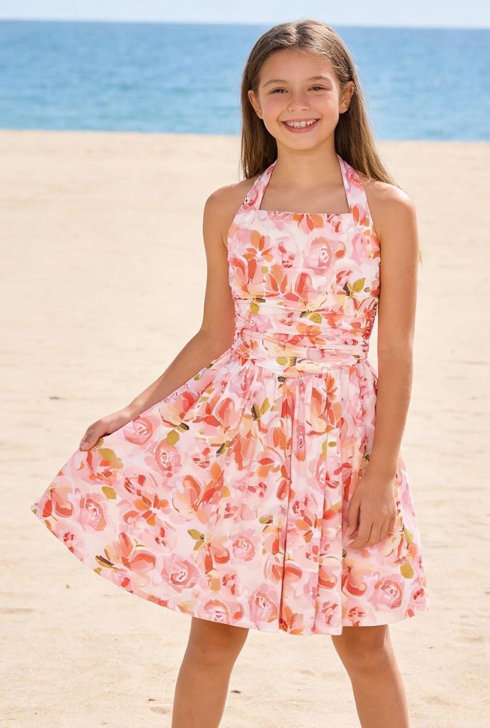 imageGRACE KARIN Girls Floral Summer Dress Spring Holiday Beach Party Sundress Halter Neck Tie Backless Dresses 714 YearsOrange Floral