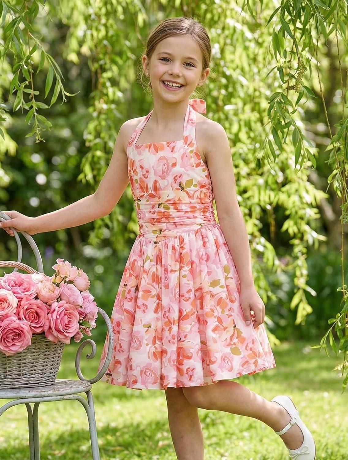 imageGRACE KARIN Girls Floral Summer Dress Spring Holiday Beach Party Sundress Halter Neck Tie Backless Dresses 714 YearsOrange Floral
