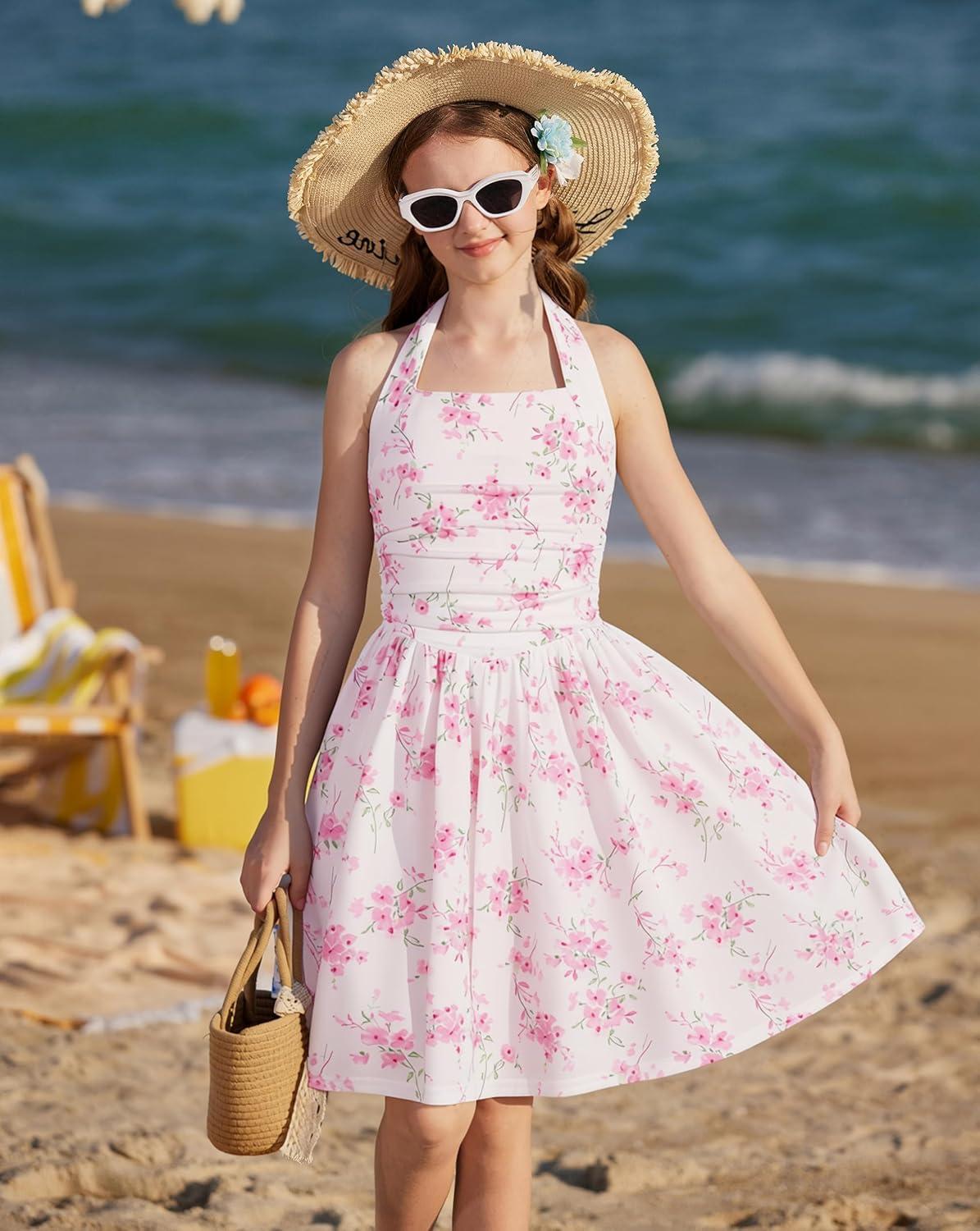 imageGRACE KARIN Girls Floral Summer Dress Spring Holiday Beach Party Sundress Halter Neck Tie Backless Dresses 714 YearsPink