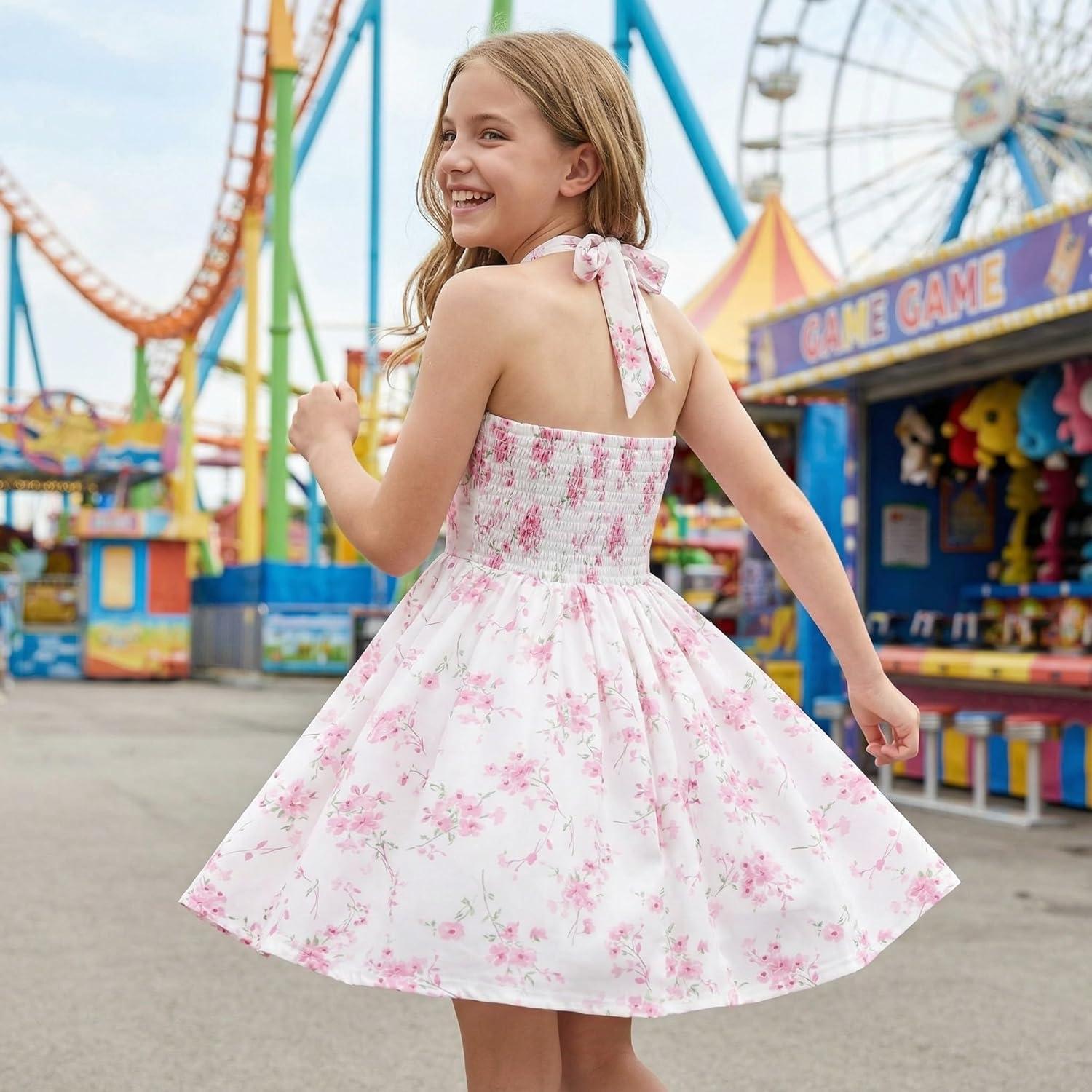 imageGRACE KARIN Girls Floral Summer Dress Spring Holiday Beach Party Sundress Halter Neck Tie Backless Dresses 714 YearsPink