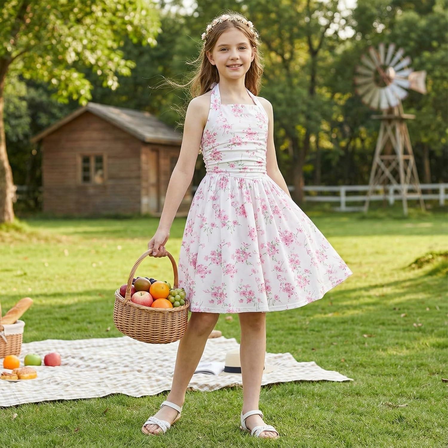 imageGRACE KARIN Girls Floral Summer Dress Spring Holiday Beach Party Sundress Halter Neck Tie Backless Dresses 714 YearsPink