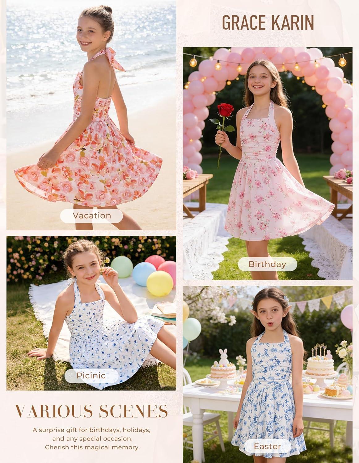 imageGRACE KARIN Girls Floral Summer Dress Spring Holiday Beach Party Sundress Halter Neck Tie Backless Dresses 714 YearsPink