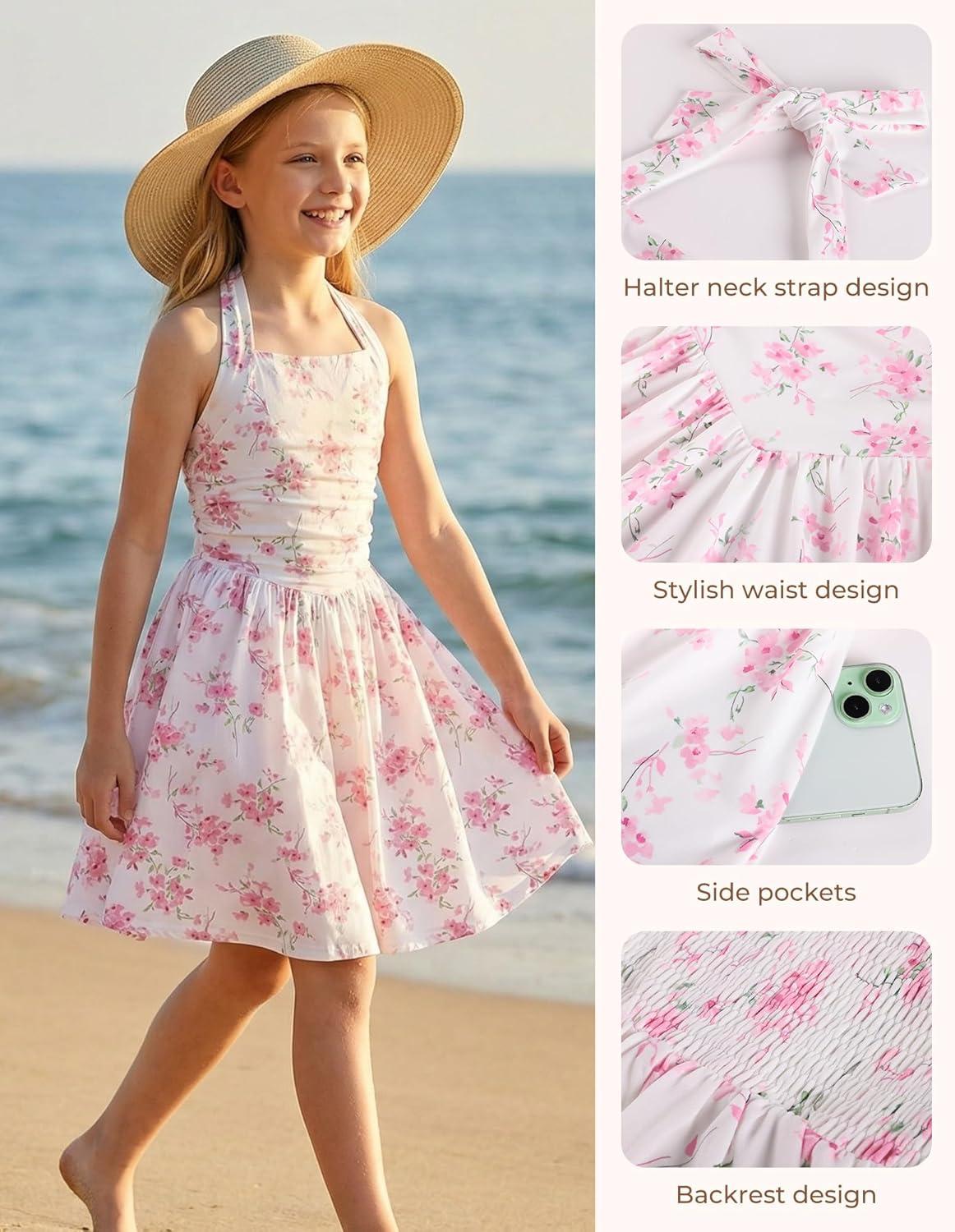 imageGRACE KARIN Girls Floral Summer Dress Spring Holiday Beach Party Sundress Halter Neck Tie Backless Dresses 714 YearsPink