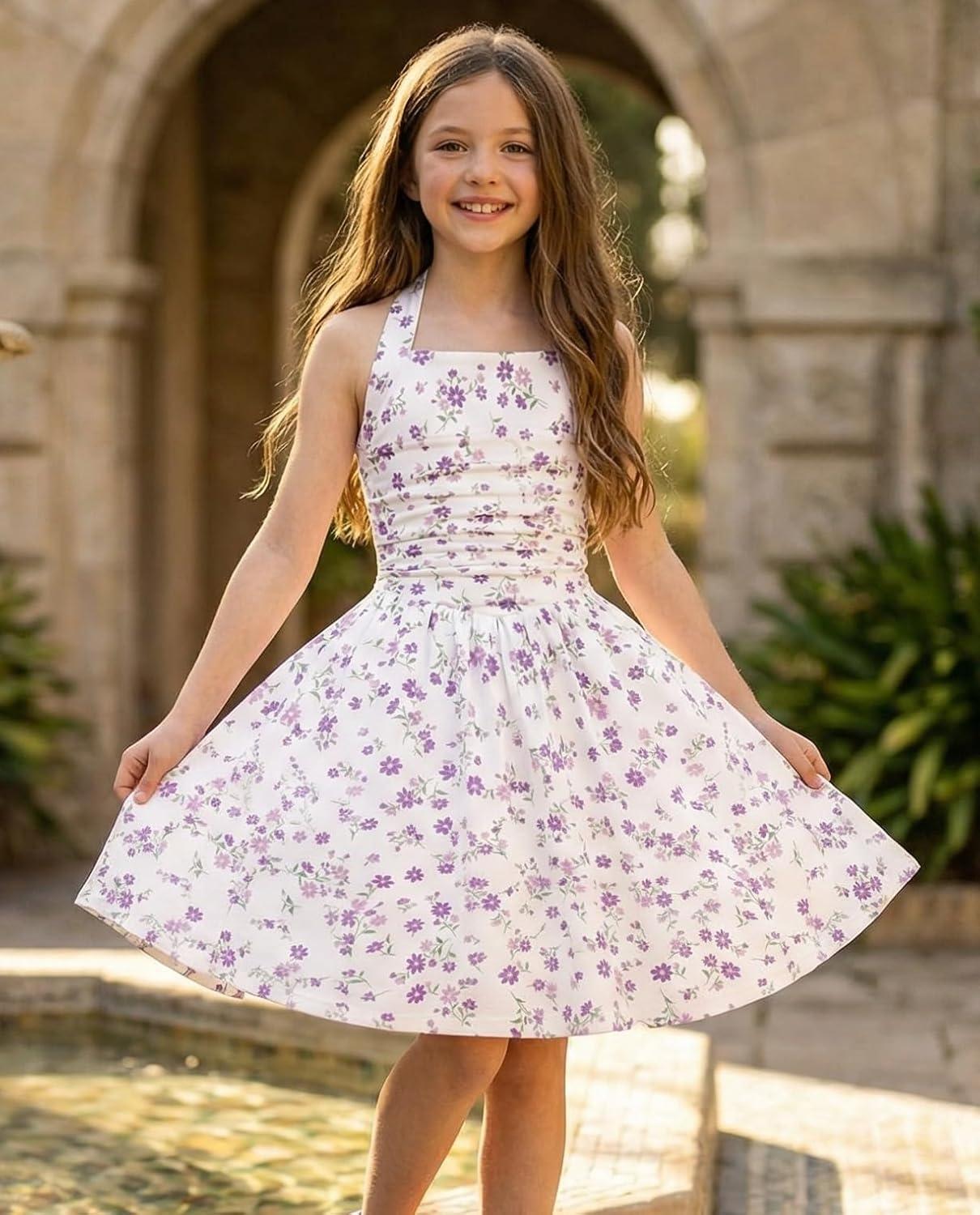 imageGRACE KARIN Girls Floral Summer Dress Spring Holiday Beach Party Sundress Halter Neck Tie Backless Dresses 714 YearsPurple