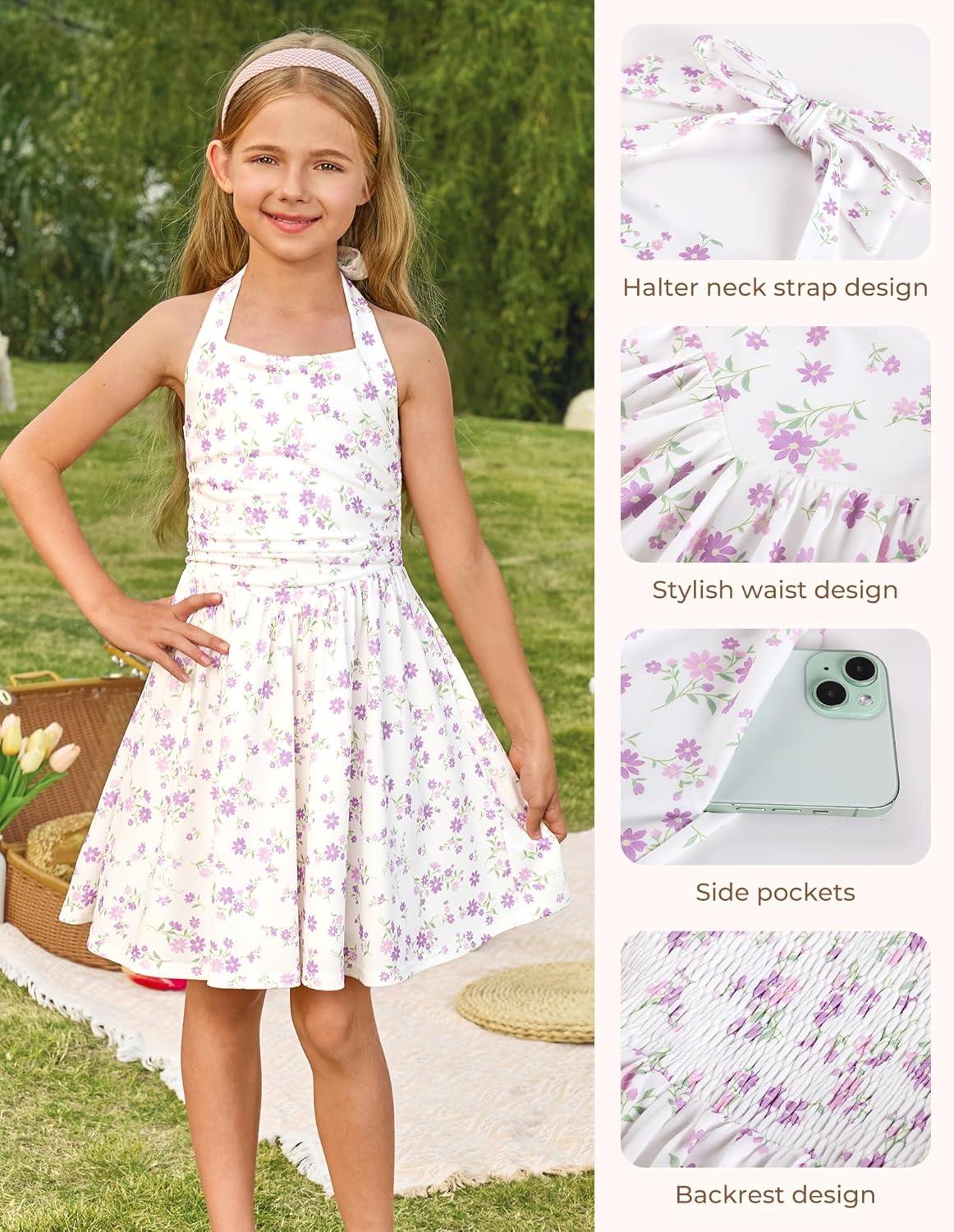 imageGRACE KARIN Girls Floral Summer Dress Spring Holiday Beach Party Sundress Halter Neck Tie Backless Dresses 714 YearsPurple