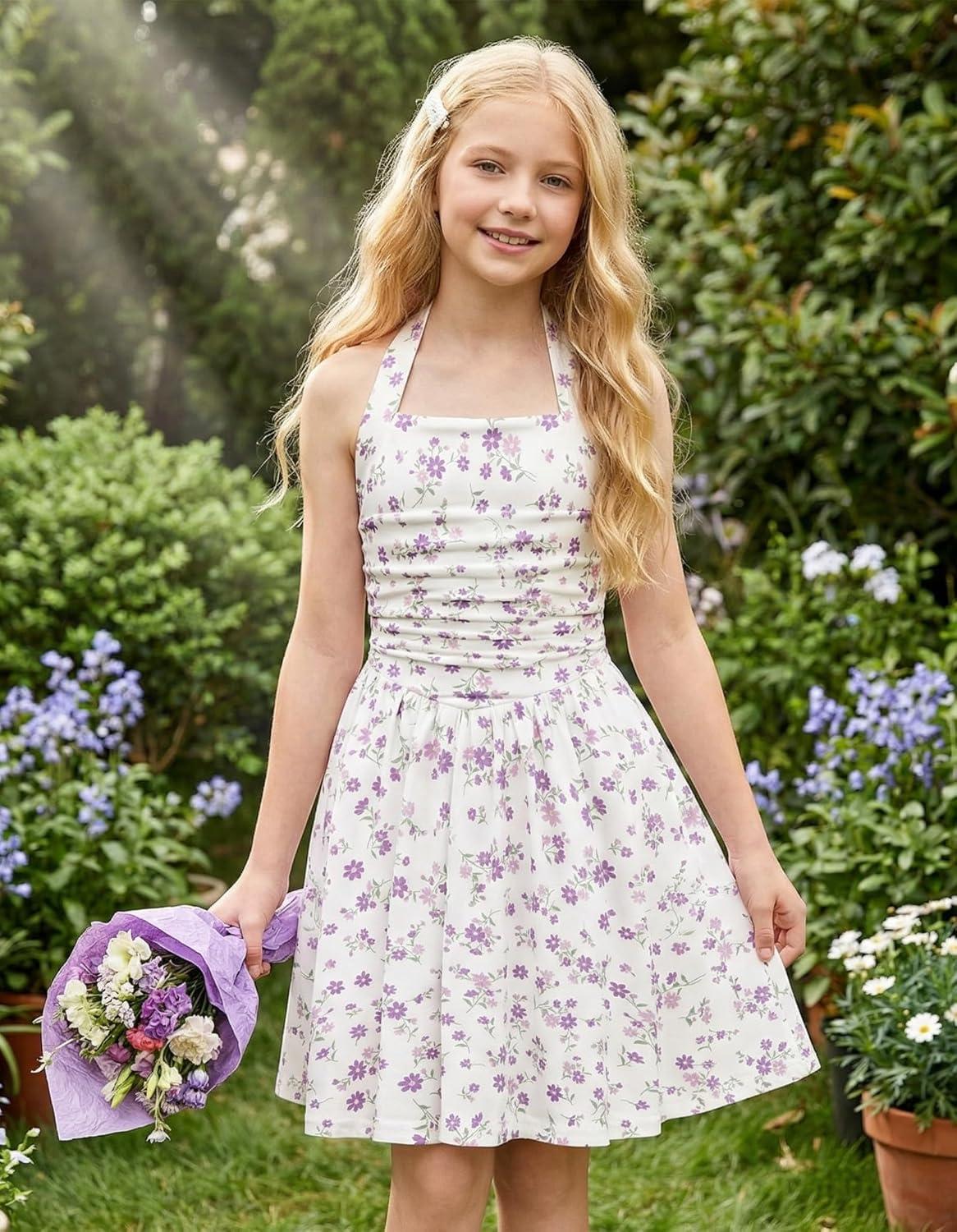 imageGRACE KARIN Girls Floral Summer Dress Spring Holiday Beach Party Sundress Halter Neck Tie Backless Dresses 714 YearsPurple