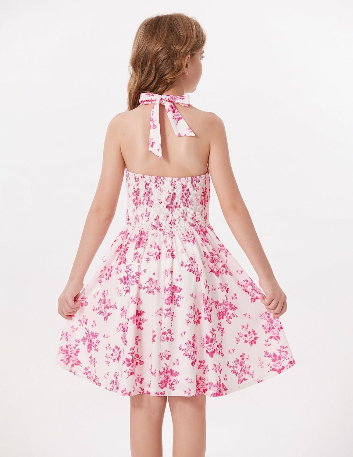 imageGRACE KARIN Girls Floral Summer Dress Spring Holiday Beach Party Sundress Halter Neck Tie Backless Dresses 714 YearsRose Red