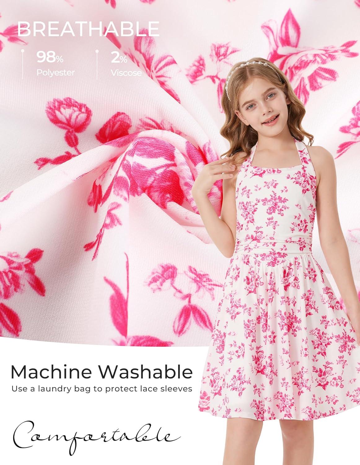 imageGRACE KARIN Girls Floral Summer Dress Spring Holiday Beach Party Sundress Halter Neck Tie Backless Dresses 714 YearsRose Red