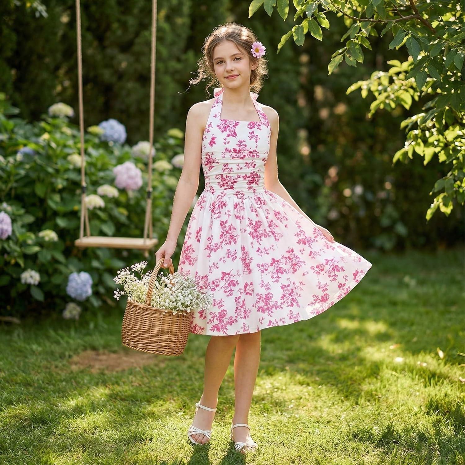 imageGRACE KARIN Girls Floral Summer Dress Spring Holiday Beach Party Sundress Halter Neck Tie Backless Dresses 714 YearsRose Red