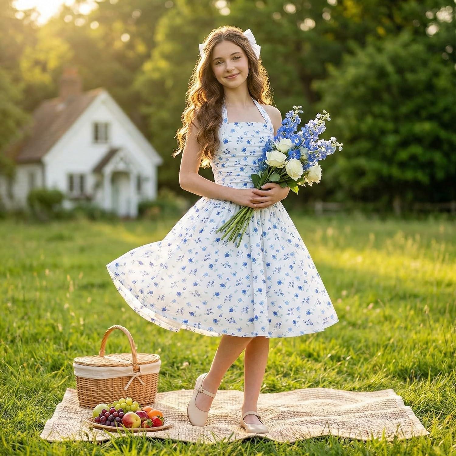 imageGRACE KARIN Girls Floral Summer Dress Spring Holiday Beach Party Sundress Halter Neck Tie Backless Dresses 714 YearsWhite and Blue Floral