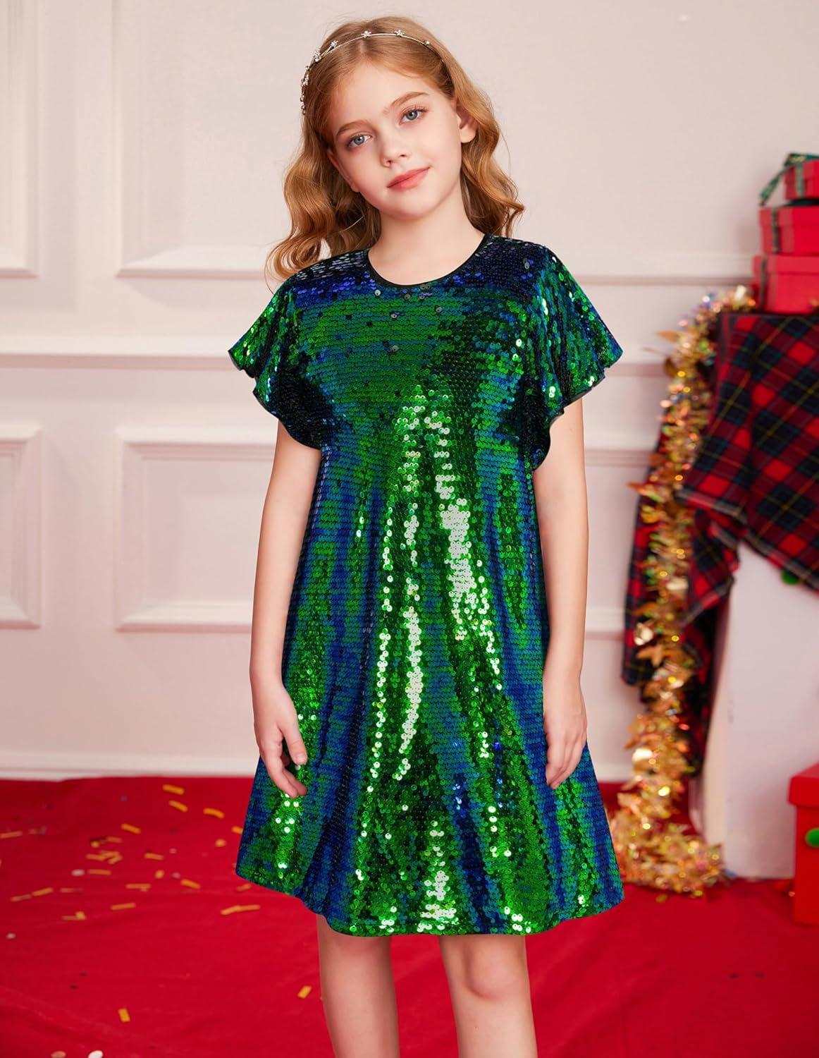 imageGRACE KARIN Girls Flutter Sleeve Sequin Dresses Kids Crew Neck Sparkly Fancy Formal Party Dress with Hairbow 512 YearsGreen