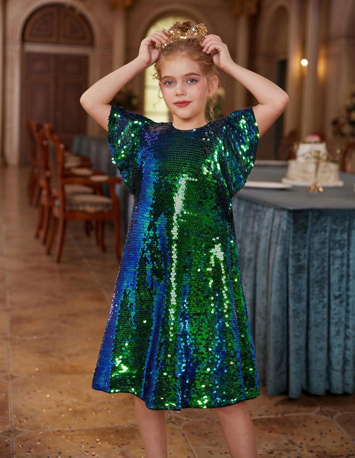 imageGRACE KARIN Girls Flutter Sleeve Sequin Dresses Kids Crew Neck Sparkly Fancy Formal Party Dress with Hairbow 512 YearsGreen