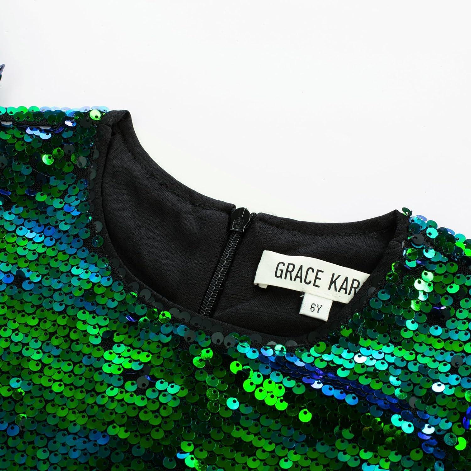 imageGRACE KARIN Girls Flutter Sleeve Sequin Dresses Kids Crew Neck Sparkly Fancy Formal Party Dress with Hairbow 512 YearsGreen