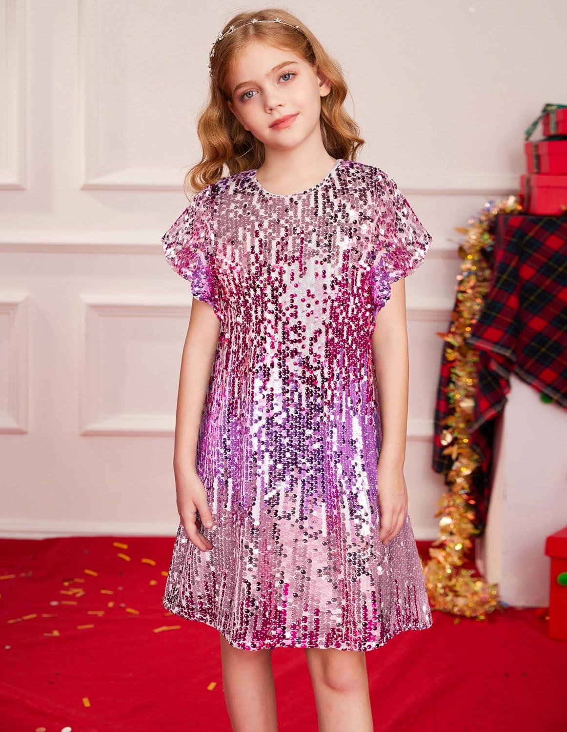 imageGRACE KARIN Girls Flutter Sleeve Sequin Dresses Kids Crew Neck Sparkly Fancy Formal Party Dress with Hairbow 512 YearsLight Purple