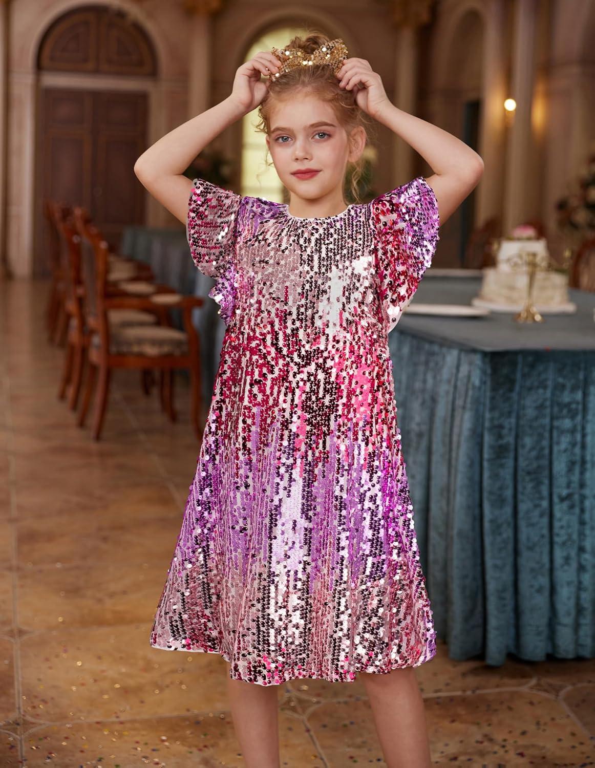 imageGRACE KARIN Girls Flutter Sleeve Sequin Dresses Kids Crew Neck Sparkly Fancy Formal Party Dress with Hairbow 512 YearsLight Purple