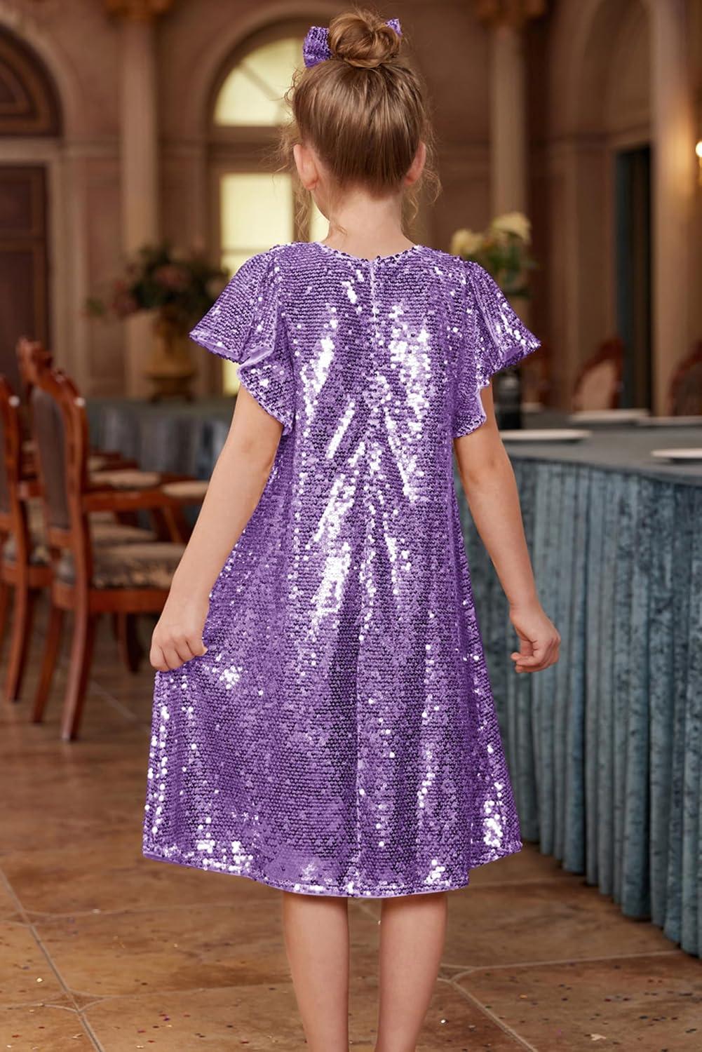 imageGRACE KARIN Girls Flutter Sleeve Sequin Dresses Kids Crew Neck Sparkly Fancy Formal Party Dress with Hairbow 512 YearsPurple